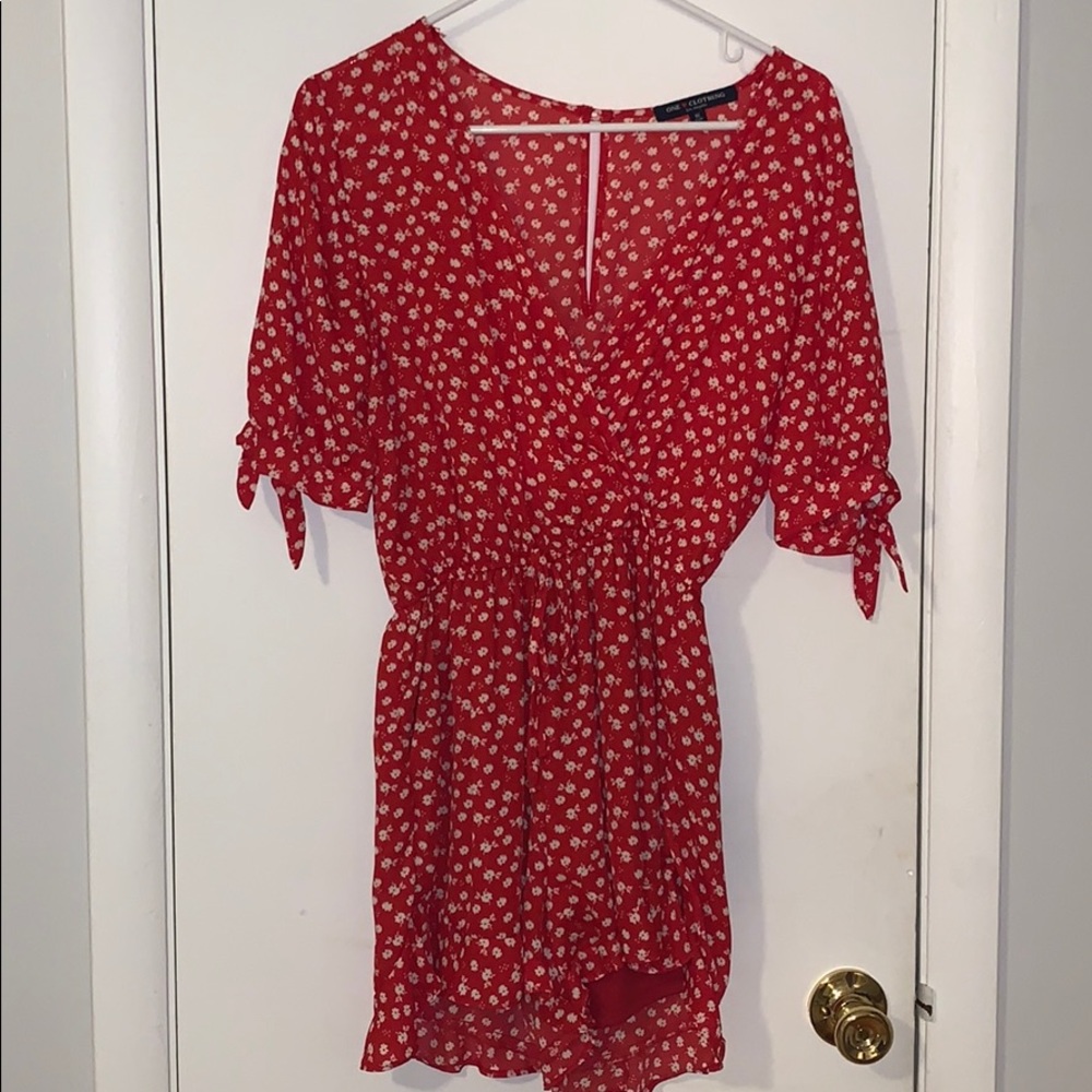 Red and white floral romper
